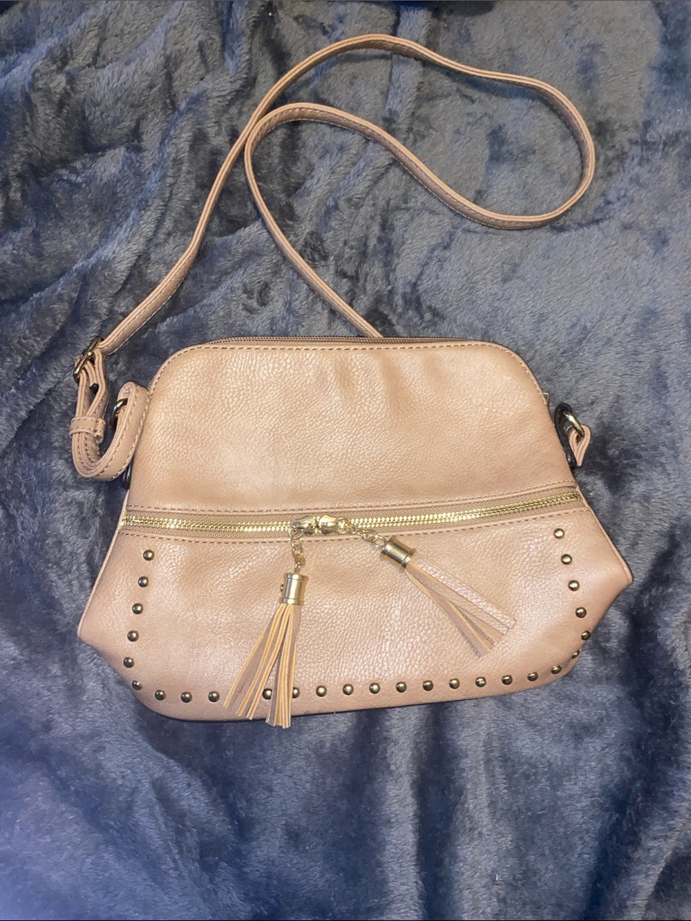 Stud-Accent Tassel Crossbody Bag in Taupe